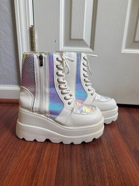 White Rave Platform Lace-Up Boots with Iridescent Panels